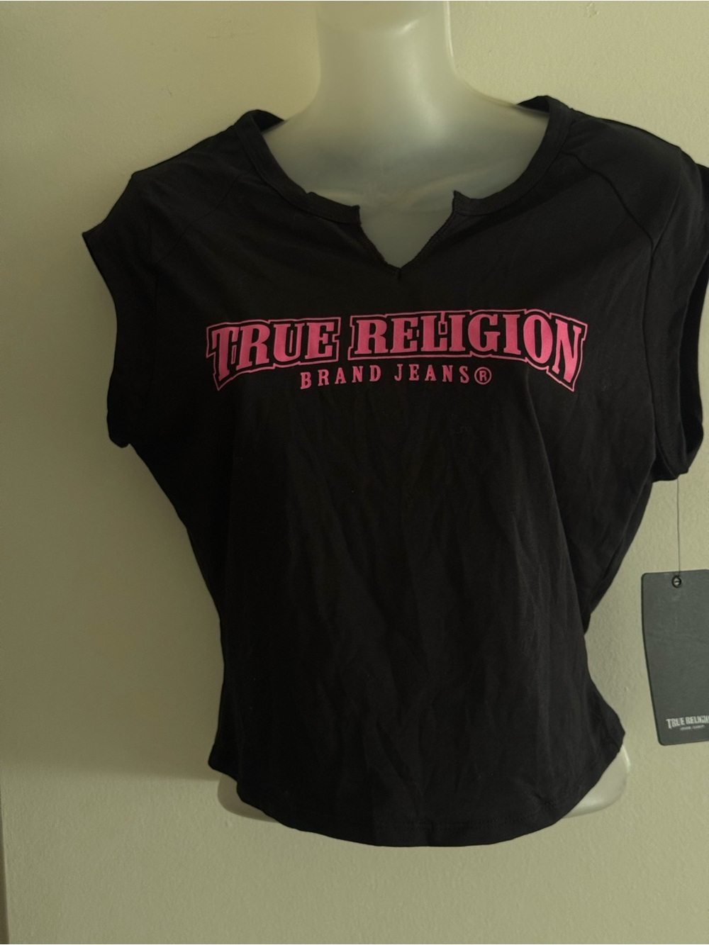 True Religion Black Short Sleeve Tee with Pink Logo